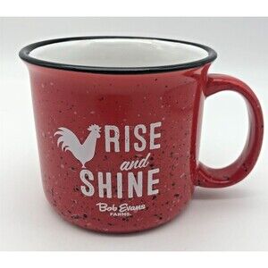 Bob Evans Coffee Tea Mug RISE AND SHINE Rooster Red White Speckled Campfire 18oz